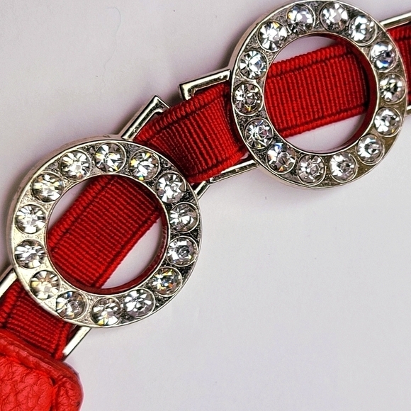 WOMENS Red Stretch Belt Bling Crystals Buckle Elasticized Band Belt - Picture 7 of 16